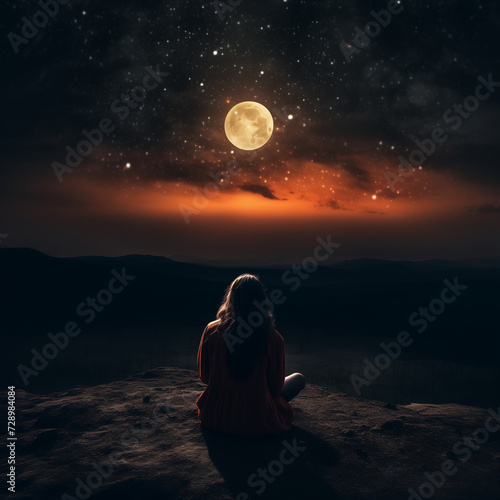 Girl watching the ocean / sea horizon with a Moon rise.