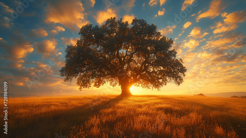 A solitary oak tree standing proudly in a golden meadow  its branches reaching toward a cloud-kissed sky at sunset.