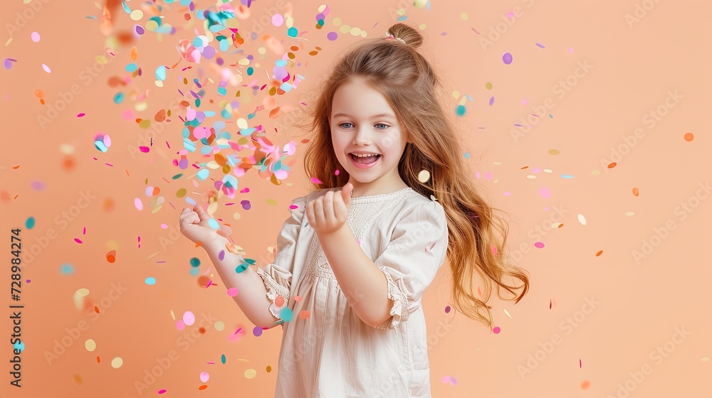Young girl 8 years old scatters colorful streamers, celebrates an event, birthday, joyful important happy day