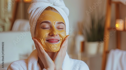 A happy woman after 30 years of age takes care of her face at home, applying a nourishing vitamin mask with turmeric to her face. Home care for aging facial skin, spa treatments at home