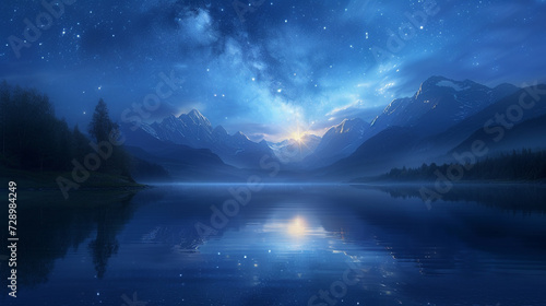 A surreal moonlit scene, with a tranquil lake mirroring the silhouettes of distant mountains under a star-studded sky.