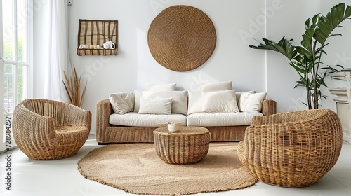 Interior design living room with a wicker rattan couch with soft pillows. Two quality rattan armchairs, panno and carpet. Neutral color tone interior design concept	 photo