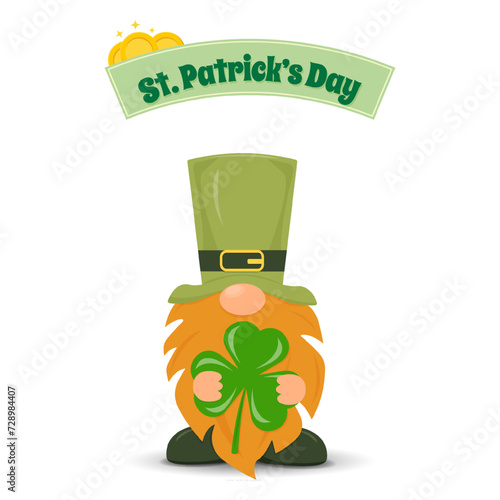 St. Patrick's Day. Isolated on a white background, a cartoon Irish gnome holds a clover. . Suitable for banners, postcards, posters.