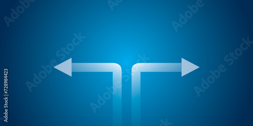 Arrows pointing in different directions with light on blue background. Metaphor for conflict or contradictions and antagonism in business. copy space for the text. illustration design style. photo