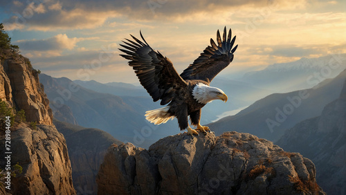A picture of a bald eagle gracefully descending from the sky to the edge of a cliff, where it elegantly alights on a weathered perch and the sheer strength conveyed by the eagle's presence