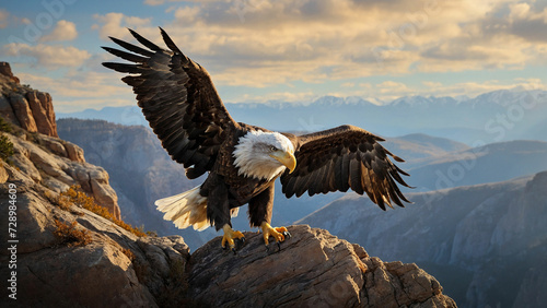 A picture of a bald eagle gracefully descending from the sky to the edge of a cliff, where it elegantly alights on a weathered perch and the sheer strength conveyed by the eagle's presence