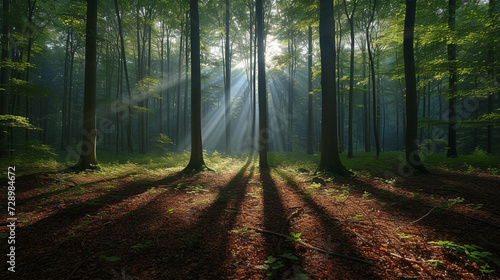 Sunlight filtering through a dense canopy  creating a mesmerizing pattern of shadows on the forest floor.