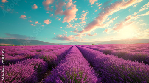 Vibrant fields of lavender dancing in the breeze under a clear, blue sky, stretching as far as the eye can see.