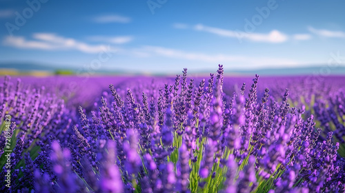 Vibrant fields of lavender dancing in the breeze under a clear  blue sky  stretching as far as the eye can see.