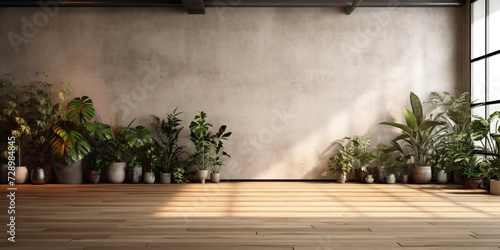 Dark wall empty room with plants, Minimalist serenity modern loft interior with plants, Plants beautify the inside of a contemporary empty space. 