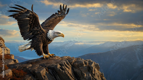 A picture of a bald eagle gracefully descending from the sky to the edge of a cliff, where it elegantly alights on a weathered perch and the sheer strength conveyed by the eagle's presence