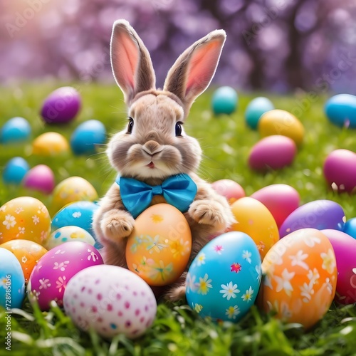 Happy Easter bunny with many colorful easter eggs. Generative AI.