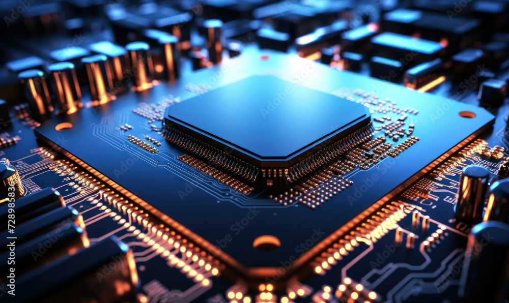High-tech microprocessor chip on a motherboard, a concept of advanced technology, computing power and circuitry in modern electronics design High-tech microprocessor chip on a motherboard, a concept of advanced technology, computing power and circuitry in modern electronics design