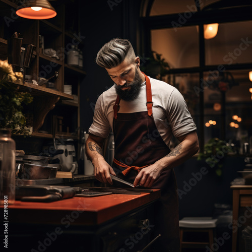 A bearded man with tattoos sharpens a knife in a dimly lit cozy workshop wearing a leather apron focused on his craft