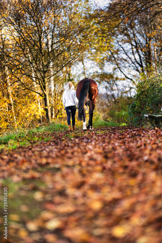 Canvastavla Young blonde girl with her horse walking through a colorful autumn forest