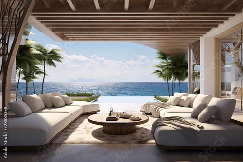 Beach view from the living room of a luxurious resort or hotel beach-side