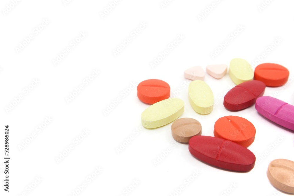 Detailed photos of oval, round and triangular shaped tablets in various colors: red, orange, yellow and cream. The photo was taken on a white background
Detailed photos of oval, round and triangular shaped tablets in various colors: red, orange, yellow and cream. The photo was taken on a white background