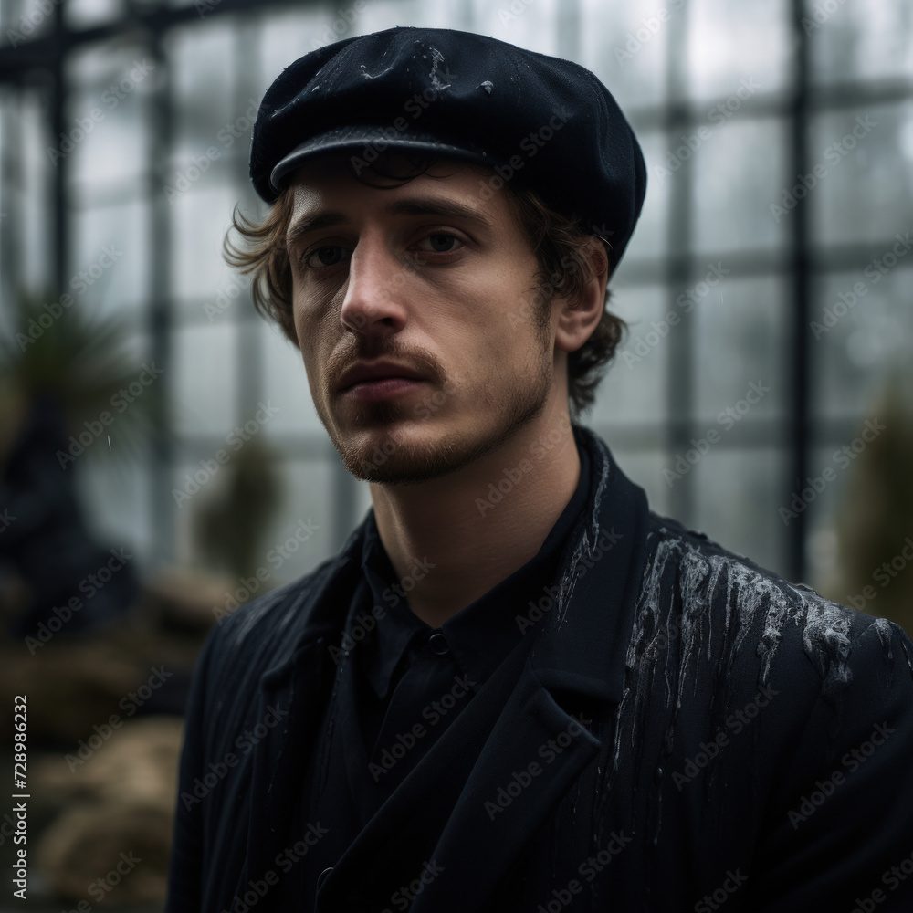 A somber man in a black outfit and beret with a serious expression stands before a blurred greenhouse background A somber man in a black outfit and beret with a serious expression stands before a blurred greenhouse background
