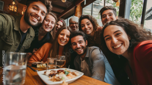 A group of friends capturing the moment with a group selfie at brunch