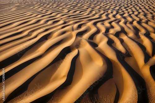The image features a desert landscape with rippled sand dunes.The ripples create a pattern of undulating lines  and dunes are a warm golden color. The contrast between the light and dark sand creates 