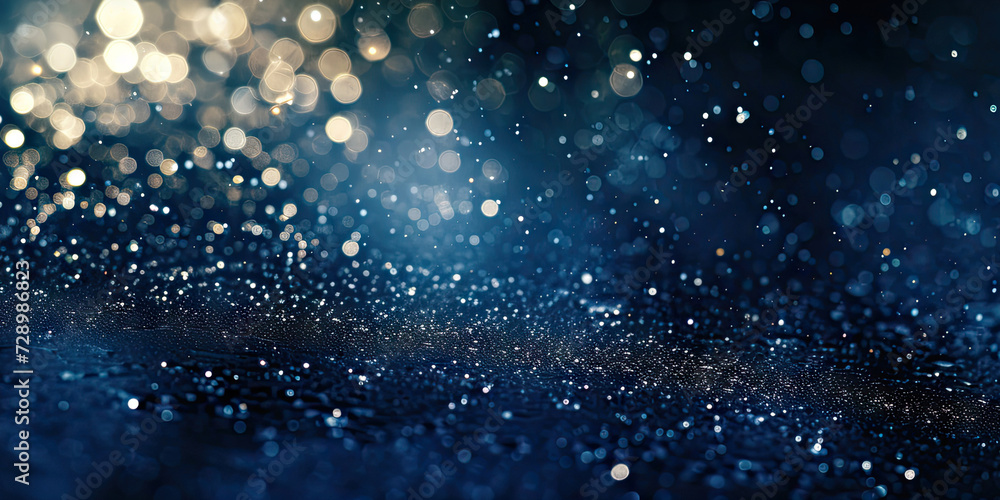 Obraz premium a blue and gold background with stars. Suitable for celestial, festive, or glamorous design projects such as invitations, holiday-themed graphics.glitter lights. de focused. banner.bokeh blur circle