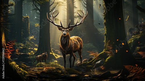 A regal stag with impressive antlers in the forest