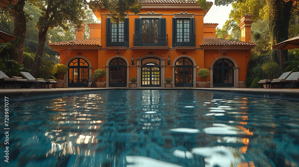 The reflection of a stucco house in a nearby pool, with the water's surface gently rippling in the breeze