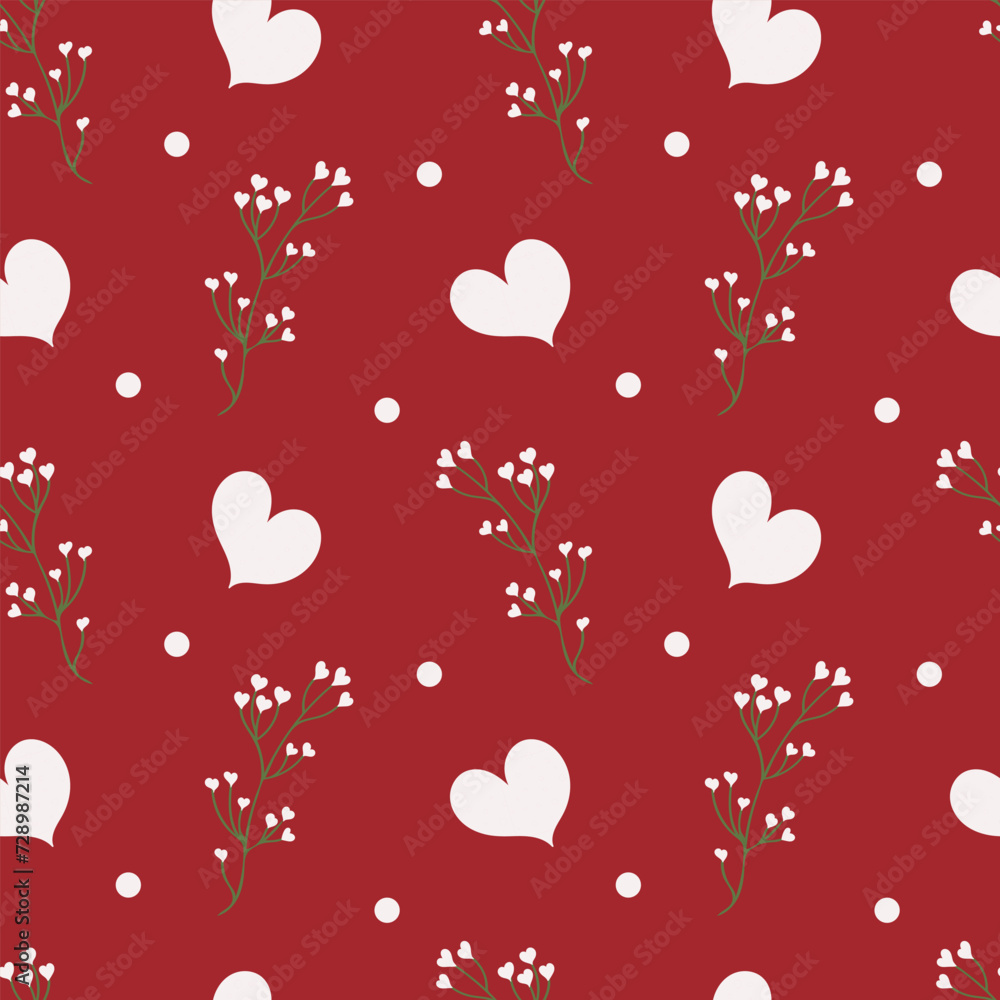 Lovely seamless pattern with hearts, flowers and leaves on red background. Cute print for Valentines day. Vector illustration, hand drawn. We use this pattern for greeting cards, packing, invitation