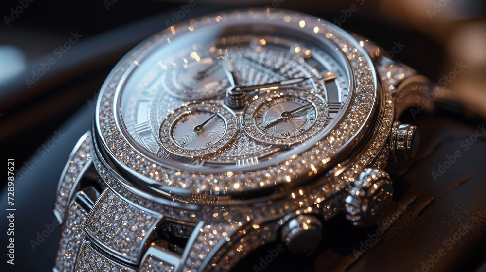 a luxury watch encrusted with diamonds, merging functionality with opulent design for the ultimate accessory.