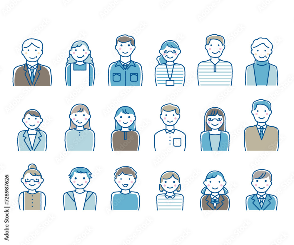 人物アイコンイラストセット(ブルー) 人物アイコンイラストセット(ブルー)