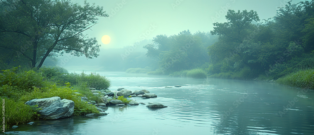 Fototapeta premium a river with rocks and grass in the middle of it