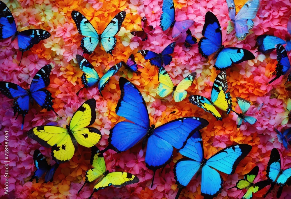 Background with large bright blue and yellow butterflies on a pink surface 