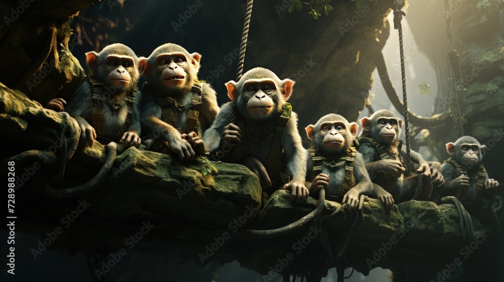 A troop of monkeys swinging through the trees - obrazy, fototapety, plakaty 