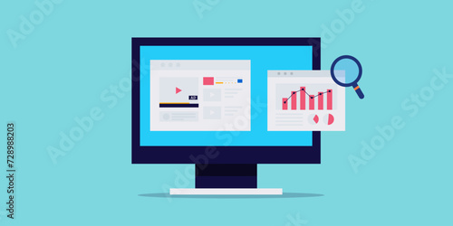 Video advertising performance data and analytics report, vector illustration web banner.