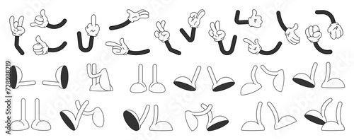 Retro cartoon legs and hands, Hands with gloves and feet with boots, various poses for characters, a set of poses, gestures, placement of hands and feet. Mascot character set. Cartoon set of limbs