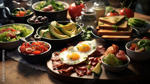 A spread of delicious brunch dishes,  including omelets,  bacon,  and avocado toast