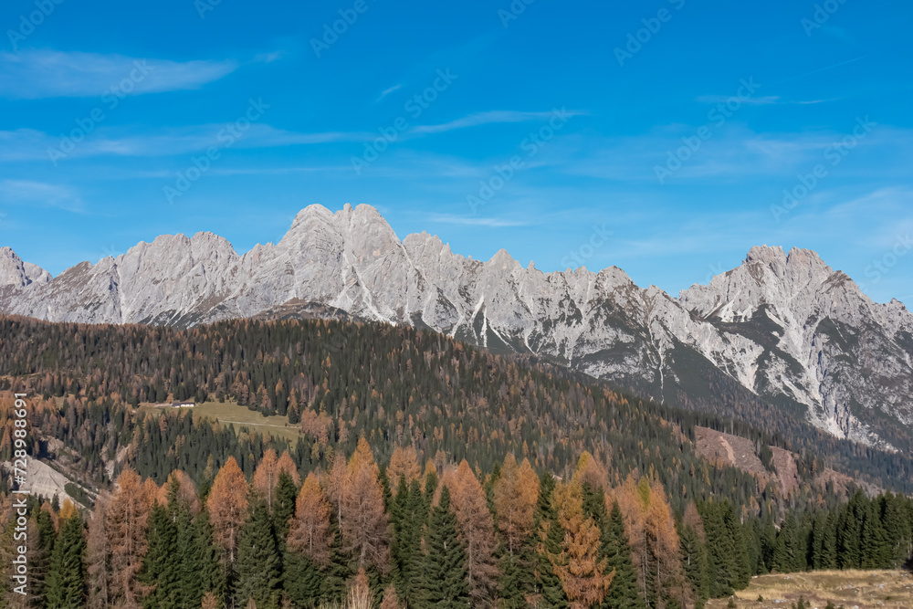 Golden colored alpine meadows and forest in autumn. Scenic view of majestic mountains of Carnic Alps in Sauris di Sopra, Friuli Venezia Giulia, Italy. Serene tranquil atmosphere in Italian Alps. Hike