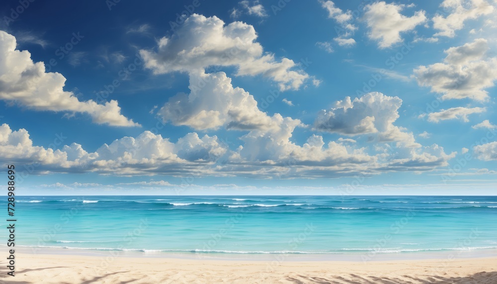 Tropical beach under blue sky with white clouds and copy space