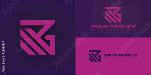 Initial letter GR or RG logo template with geometric square shape illustration in flat design monogram symbol presented with multiple background colors. The logo is suitable for a technology company photo