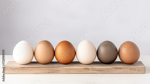 A Row of Different Coloured Eggs on a Wooden Board