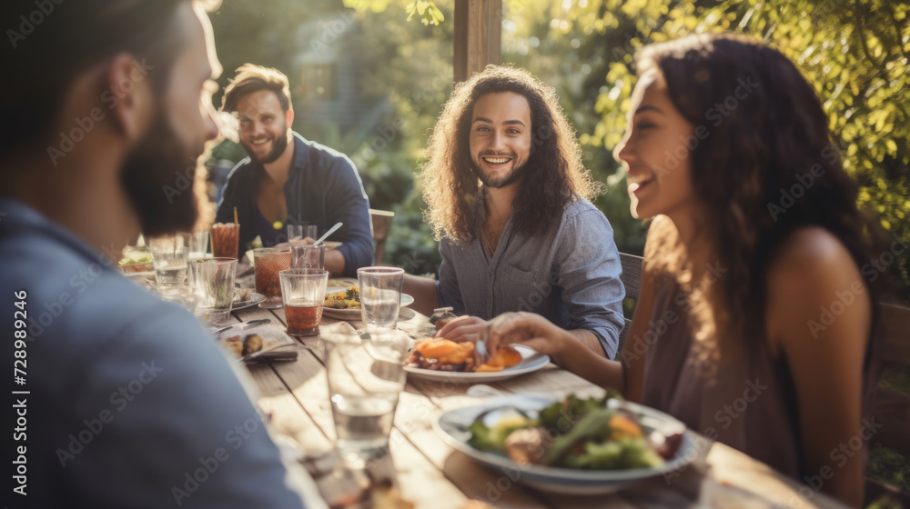 A group of friends seated at a sunny outdoor table,  enjoying a social brunch