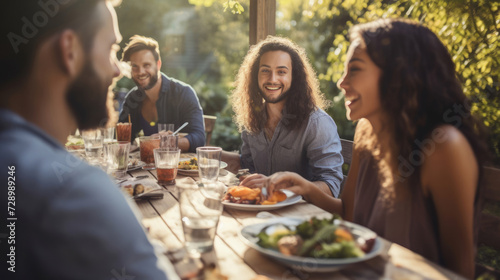 A group of friends seated at a sunny outdoor table, enjoying a social brunch
