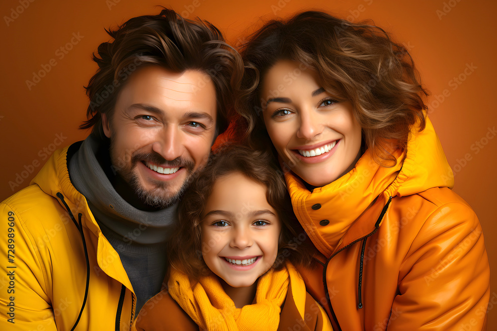 portrait of a happy smiling family in orange clothes. family group relationships portrait of a happy smiling family in orange clothes. family group relationships