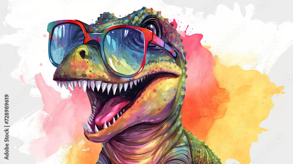 Cute dinosaur baby T-rex wearing sunglasses. Holiday banner. Watercolor hand drawing. Birthday greeting card