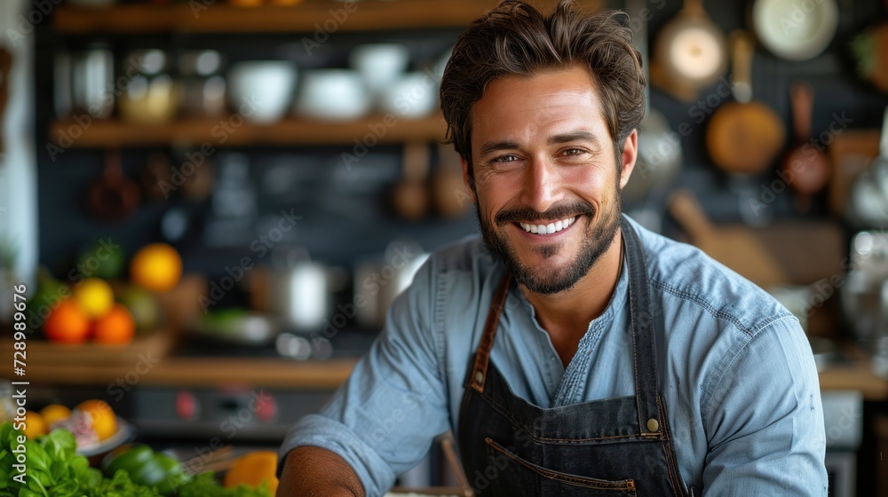 Fototapeta premium Charming Chef in Apron in Modern Kitchen