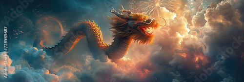 Close up of a dragon flying through the sky with clouds. and fireworks, Suitable for fantasy book covers or mythical creature themed designs.chinese new years photo