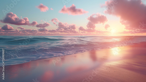 A tranquil beach at sunset, with calm waves gently lapping against the shore and a palette of warm colors in the sky