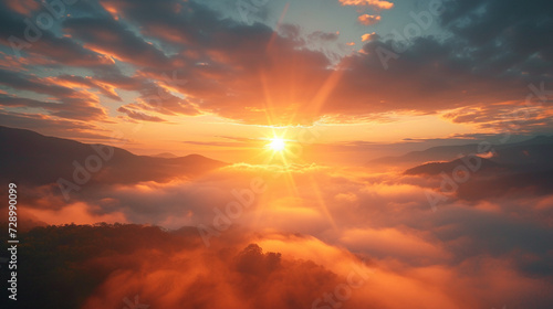 A serene sunrise over a misty mountain valley, with the first rays of light piercing through the fog © IBRAHEEM'S AI