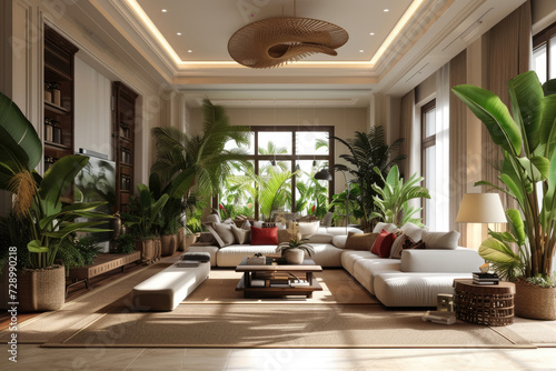 a large luxury living room design with many plants