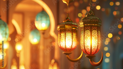 oriental colored lantern Ramadan and Crescent